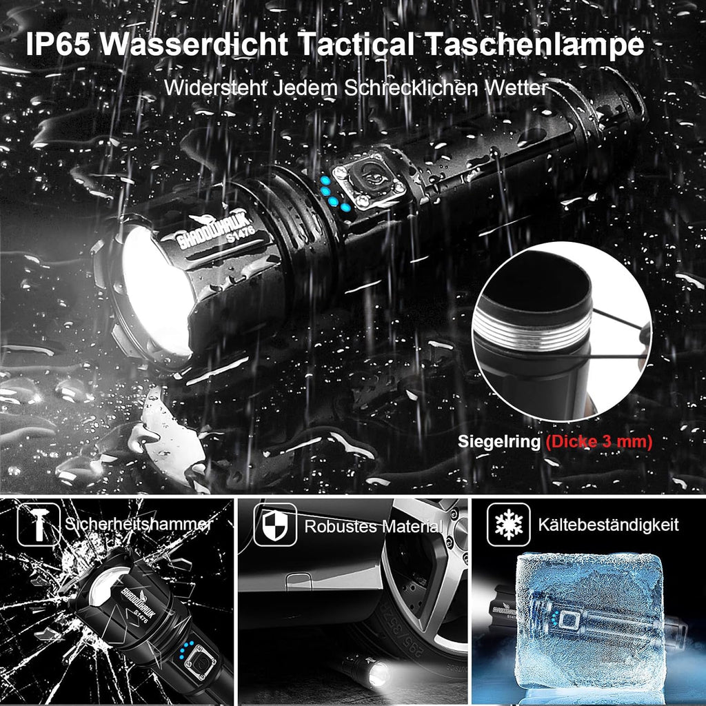 Shadowhawk LED Taschenlampe – USB-aufladbar, XHP70.2, IP67 wasserdicht, 5 Lichtmodi, inkl. Holster