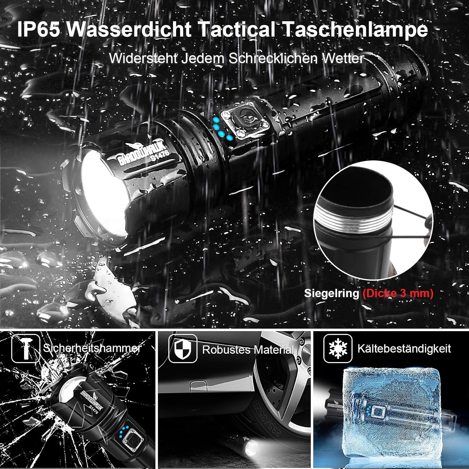 Shadowhawk LED Taschenlampe – USB-aufladbar, XHP70.2, IP67 wasserdicht, 5 Lichtmodi, inkl. Holster
