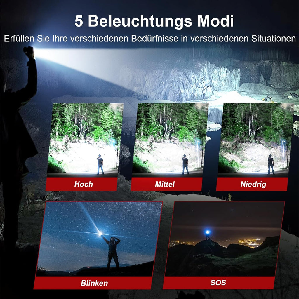 Shadowhawk LED Taschenlampe – USB-aufladbar, XHP70.2, IP67 wasserdicht, 5 Lichtmodi, inkl. Holster