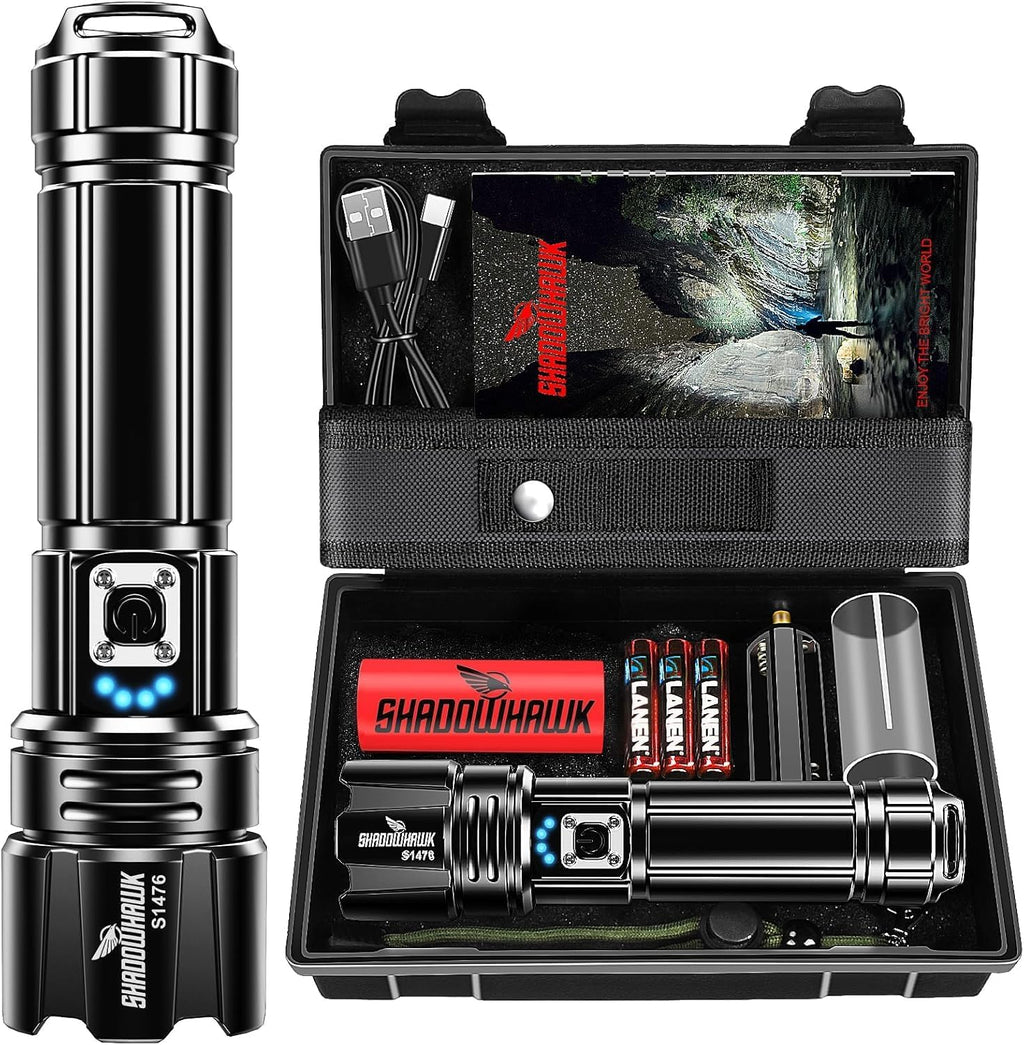 Shadowhawk LED Taschenlampe – USB-aufladbar, XHP70.2, IP67 wasserdicht, 5 Lichtmodi, inkl. Holster