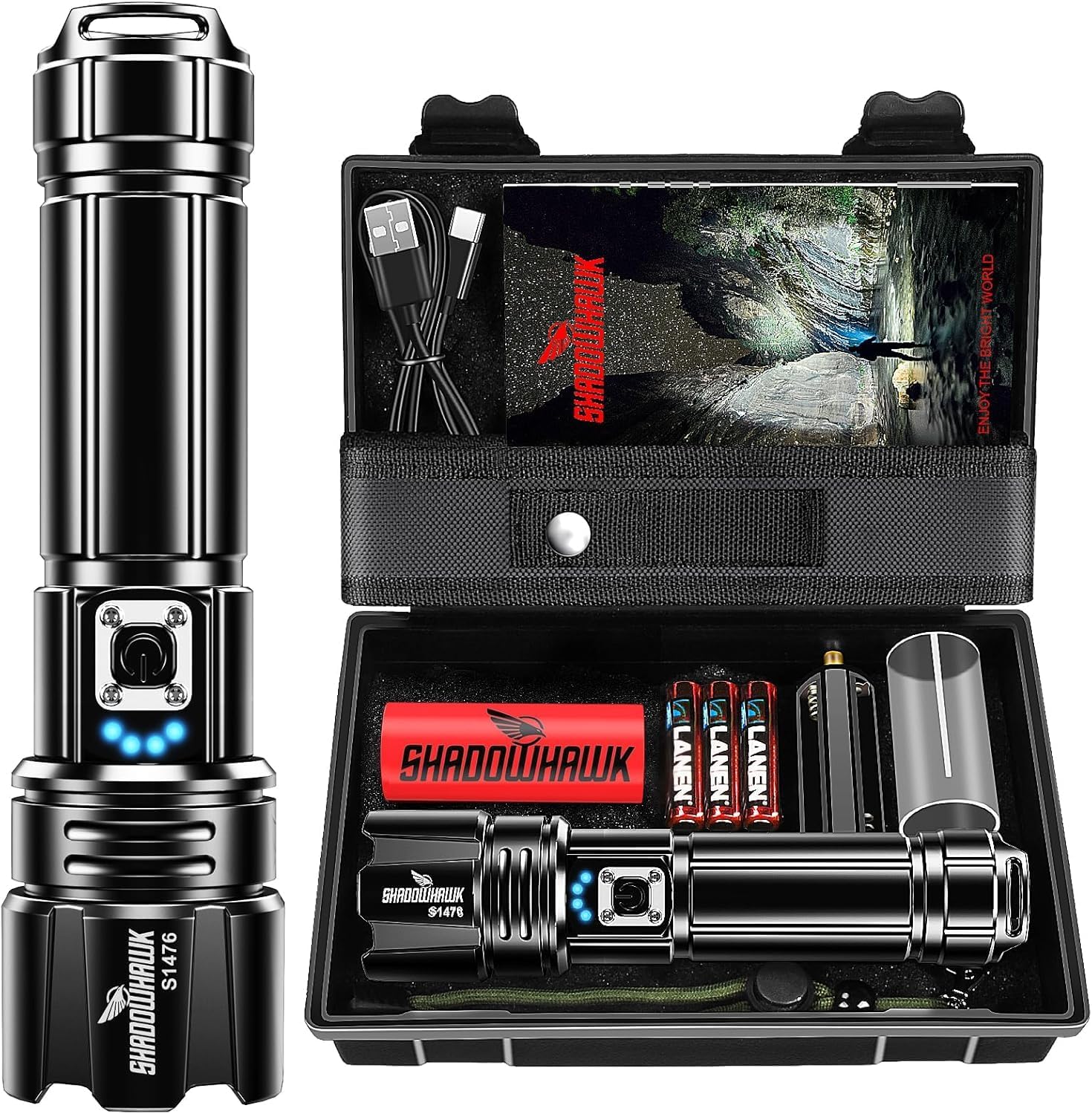 Shadowhawk LED Taschenlampe – USB-aufladbar, XHP70.2, IP67 wasserdicht, 5 Lichtmodi, inkl. Holster