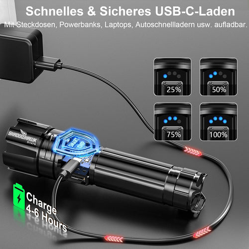 Shadowhawk LED Taschenlampe – USB-aufladbar, XHP70.2, IP67 wasserdicht, 5 Lichtmodi, inkl. Holster